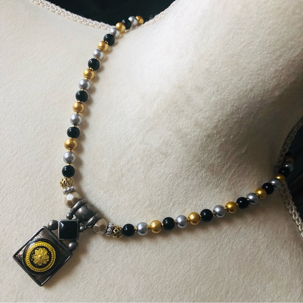 Handcrafted repurpose black chalcedony vintage pendant Czech Pearl necklace